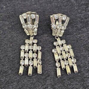 Western Germany Rhinestone Vintage Dangle Earrings Faux Diamonds Silver Tone